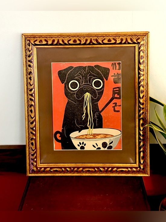Other - Hungry Pug Eating Ramen Japanese Retro Style Canvas Art Print Vtg Frame Dog Art